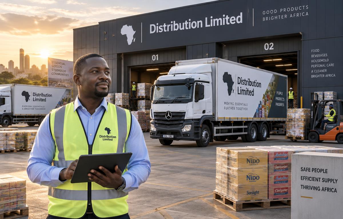 Distribution trucks loading at a depot for route-to-market delivery